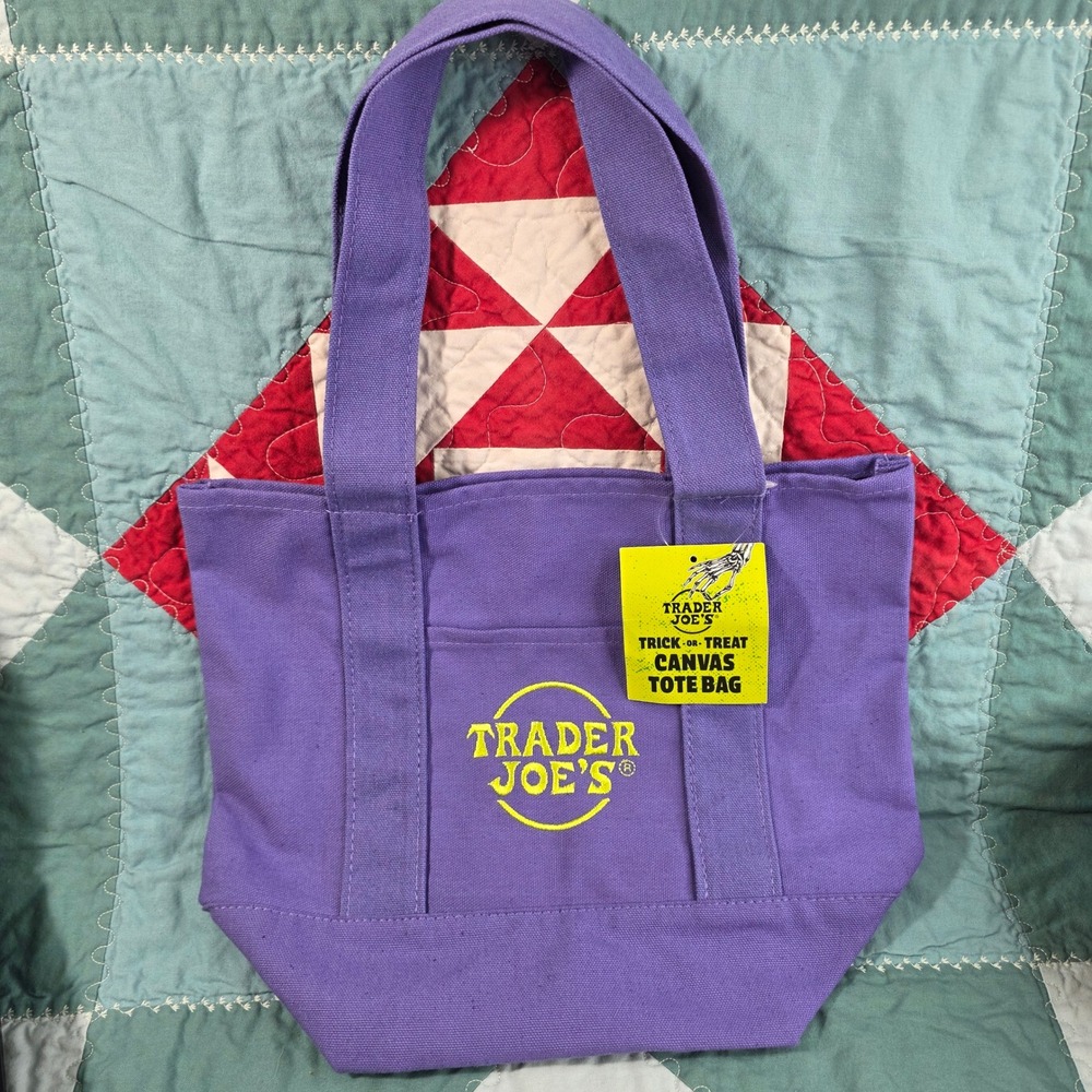 Trader Joe's Canvas Small Tote Bag Purple Trick-or-Treat Embroidered
